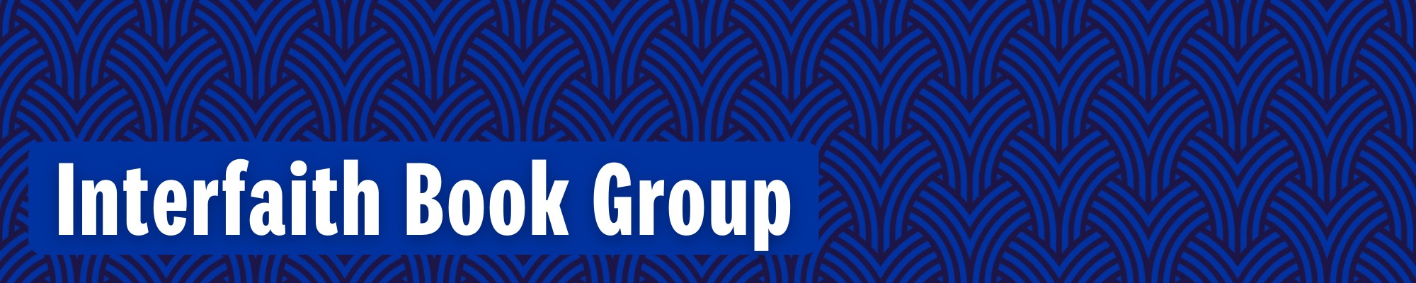 "Interfaith Book Group" in white over blue and purple weave